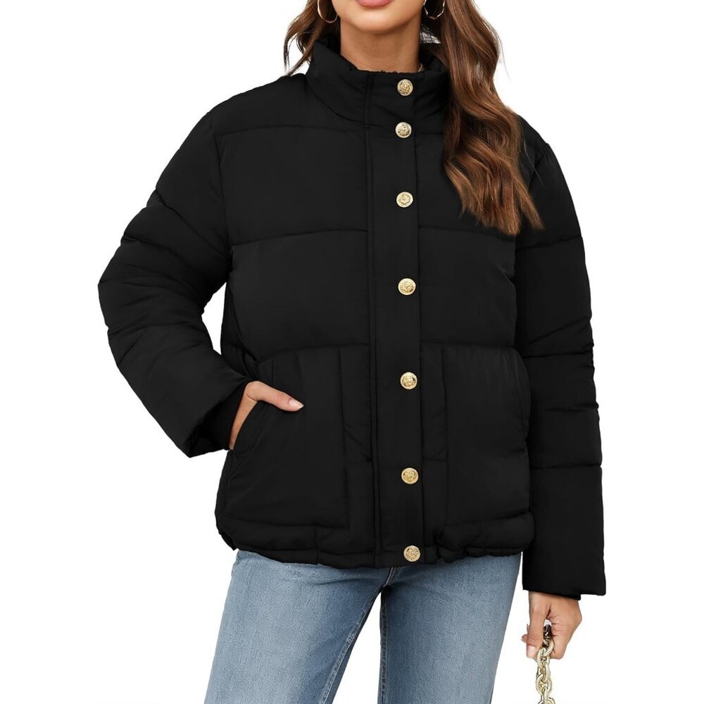 Women's Short Puffer Quilted Jacket Coat Black Winter Zip Up Snap Button
